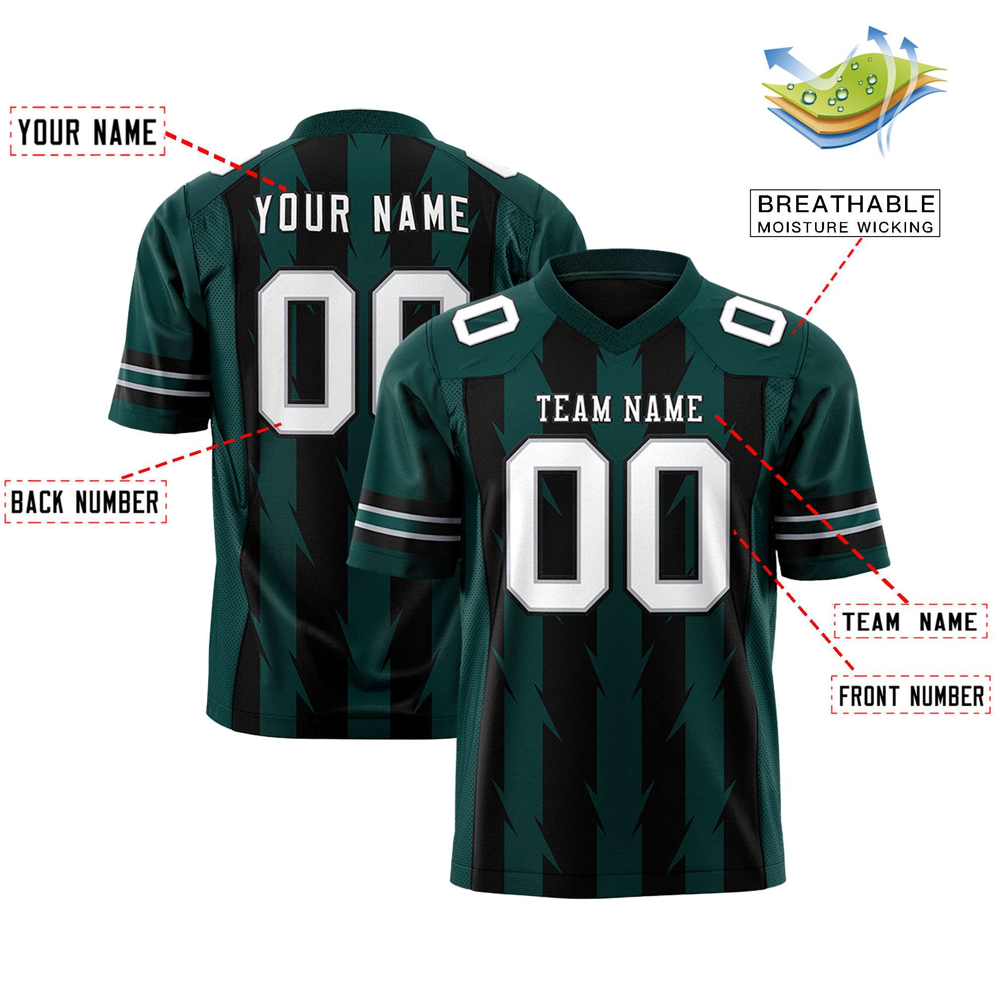 Custom Black Midnight Green Personalized Razr Stripe Graffiti Pattern Authentic Football Jersey