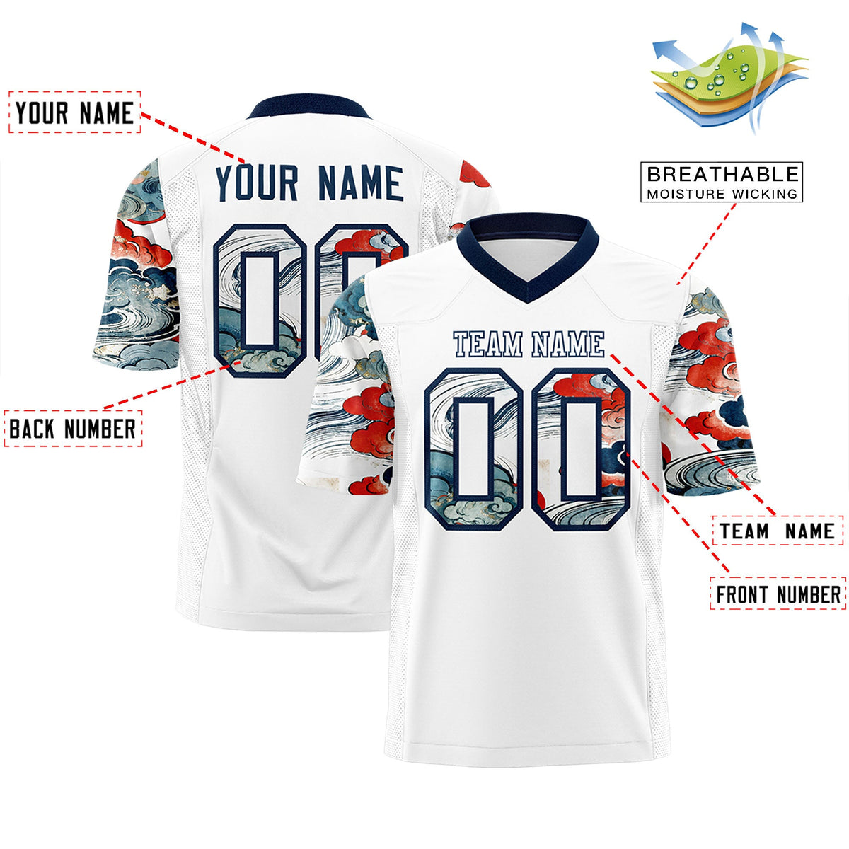 Custom White Navy Sleeve Ukiyo-e Auspicious Clouds Graffiti Pattern Football Jersey | For Men,For Women | KXKSHOP