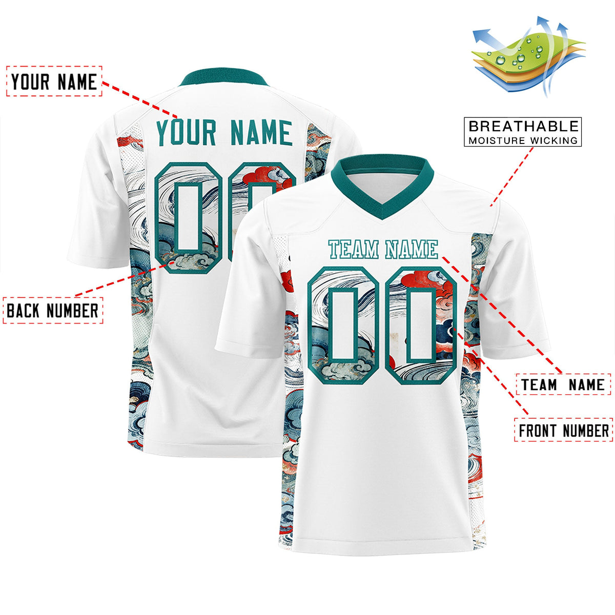 Custom White Teal Ukiyo-e Auspicious Clouds Graffiti Pattern Football Jersey | For Men,For Women | KXKSHOP