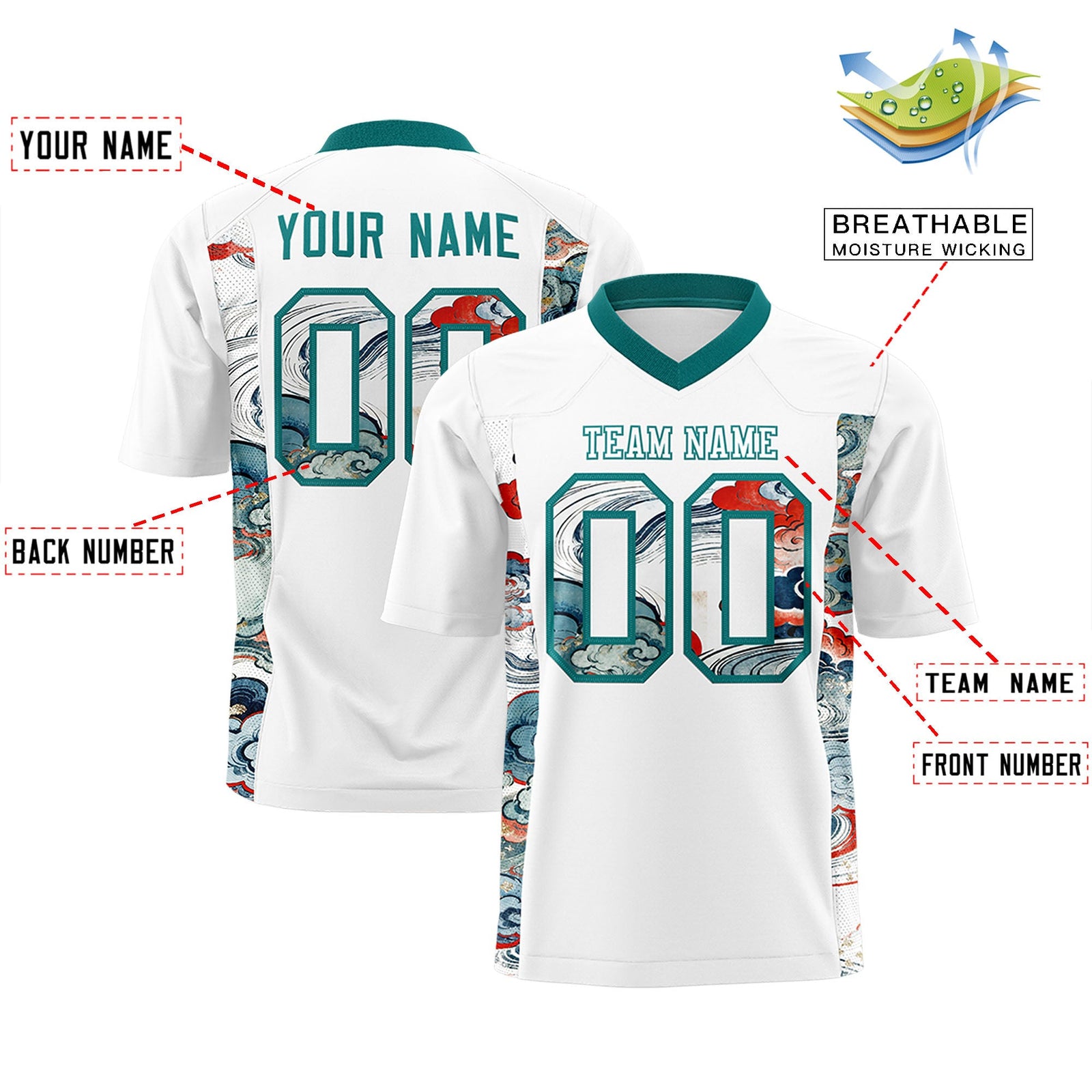 Custom White Teal Ukiyo-e Auspicious Clouds Graffiti Pattern Football Jersey | For Men,For Women | KXKSHOP