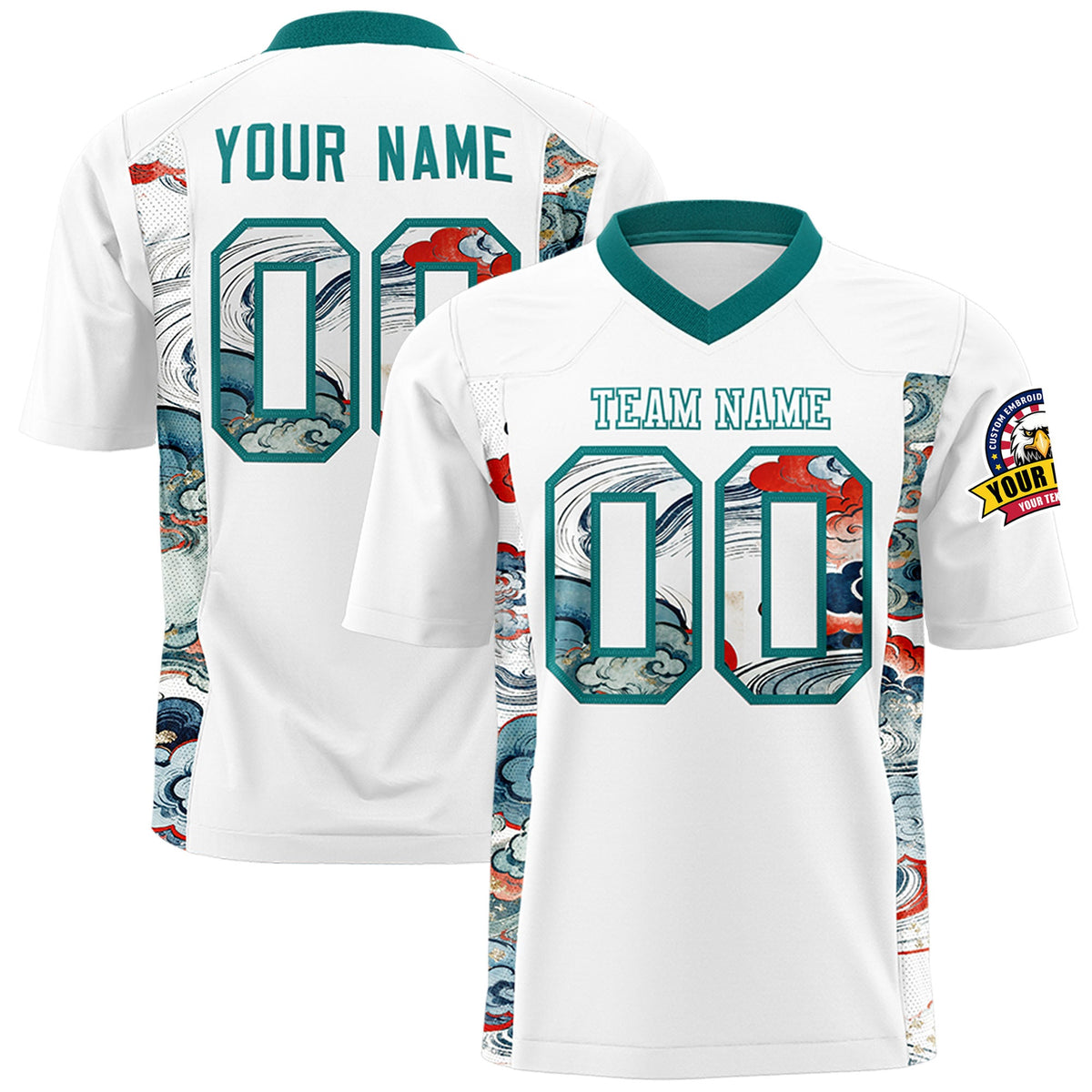 Custom White Teal Ukiyo-e Auspicious Clouds Graffiti Pattern Football Jersey | For Men,For Women | KXKSHOP