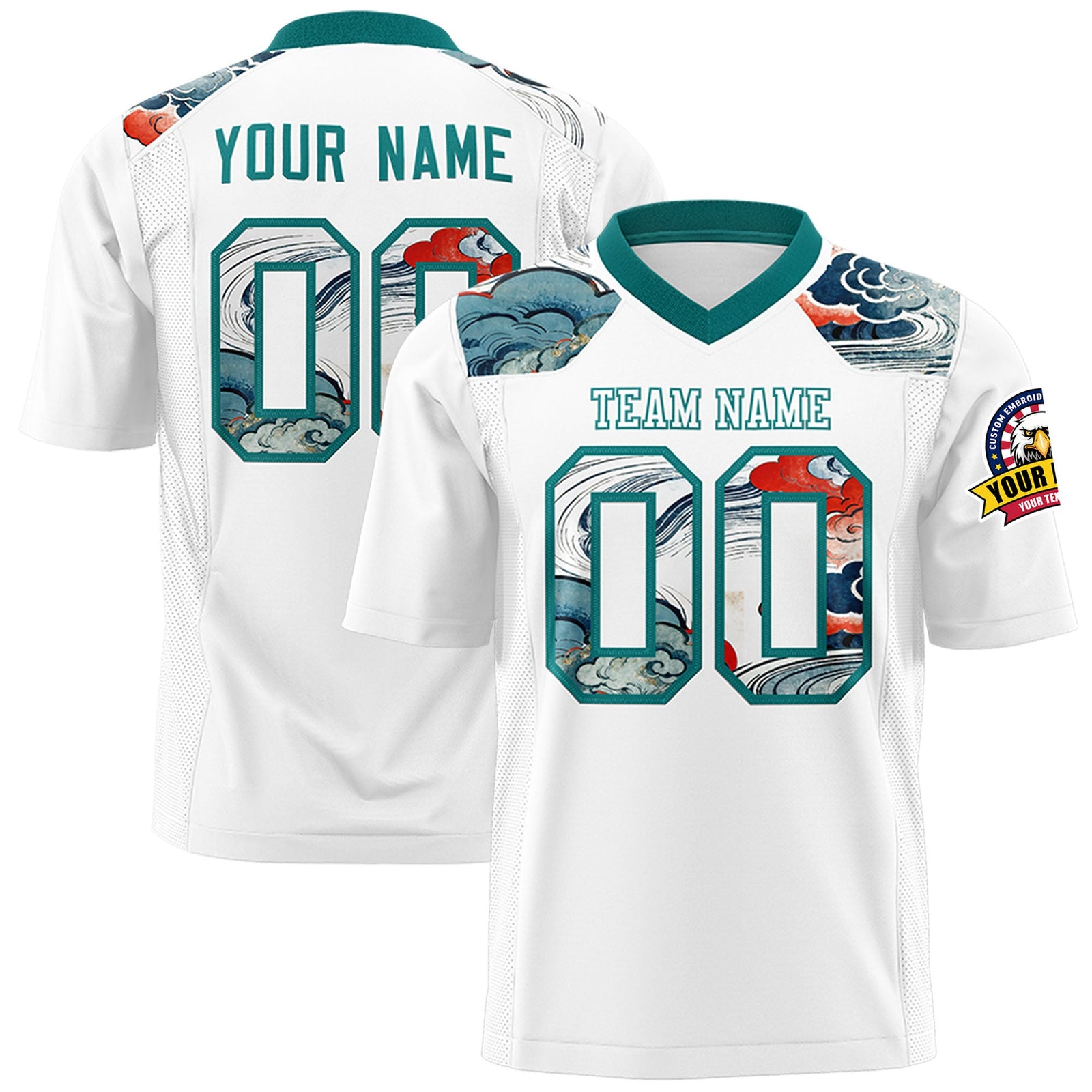 Custom Teal White Ukiyo-e Auspicious Clouds Graffiti Pattern Football Jersey | For Men,For Women | KXKSHOP