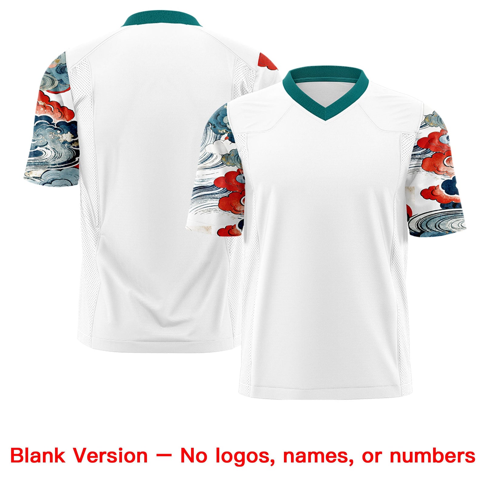 Custom White Teal Sleeve Ukiyo-e Auspicious Clouds Graffiti Pattern Football Jersey | For Men,For Women | KXKSHOP