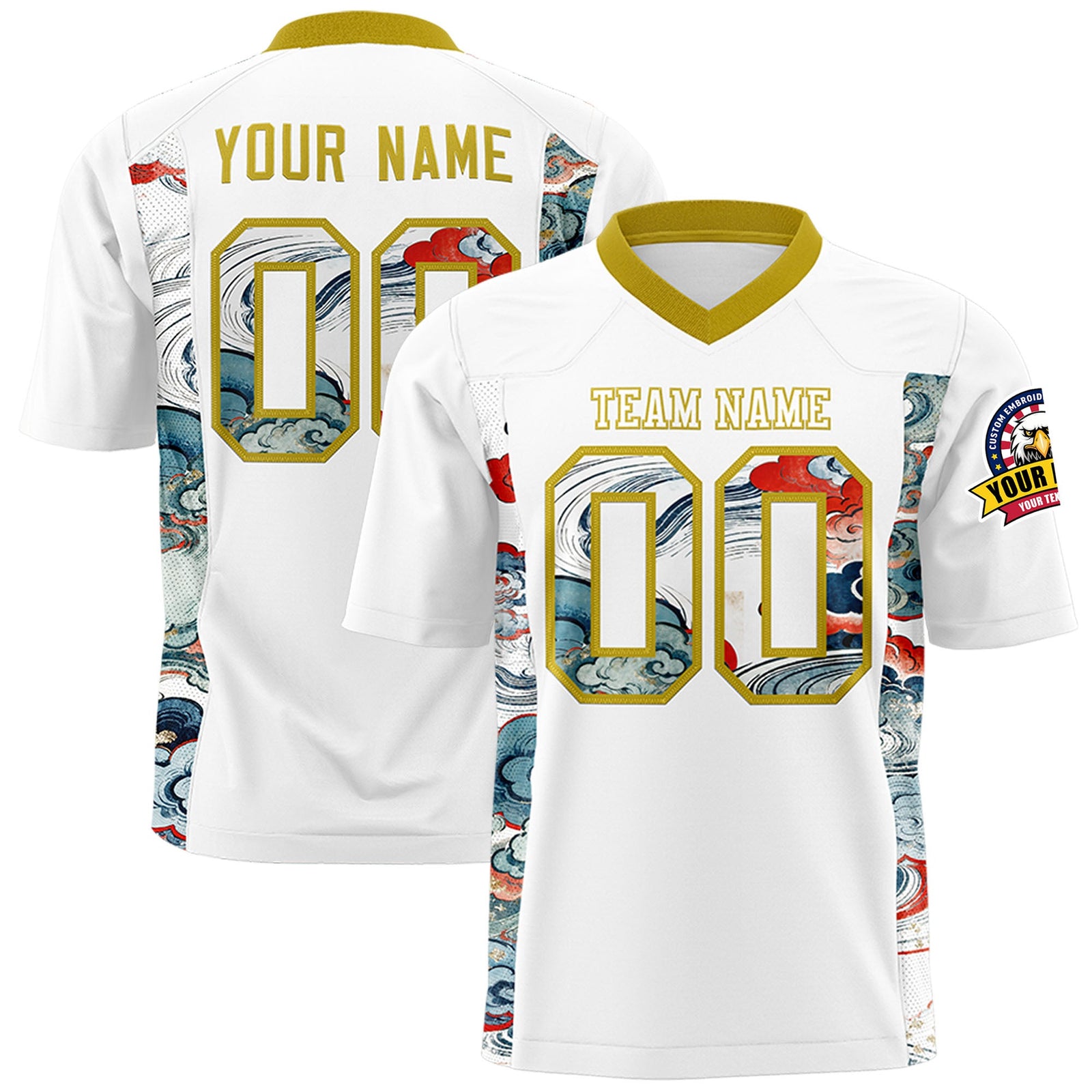 Custom White Old Gold Ukiyo-e Auspicious Clouds Graffiti Pattern Football Jersey | For Men,For Women | KXKSHOP