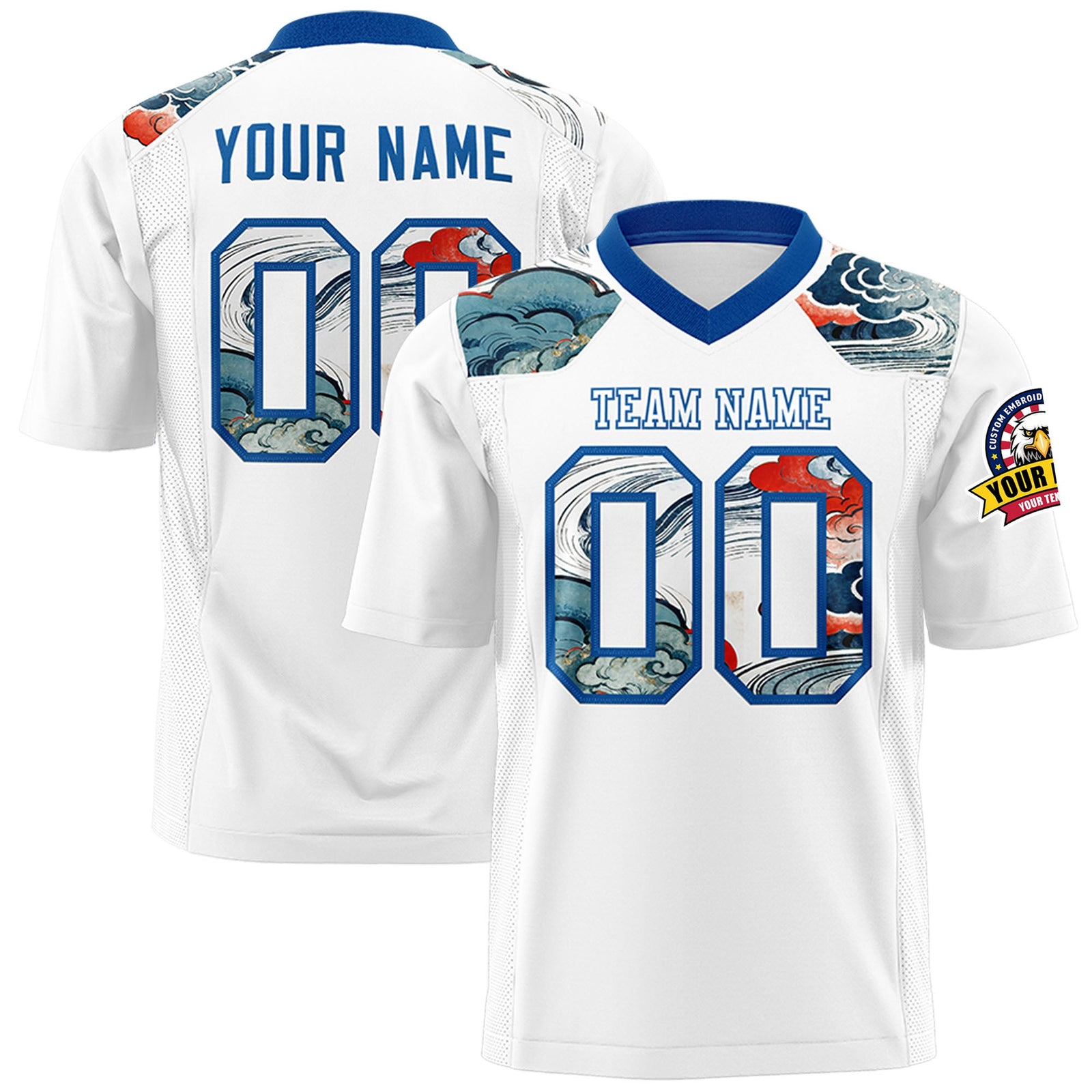 Custom Royal White Ukiyo-e Auspicious Clouds Graffiti Pattern Football Jersey | For Men,For Women | KXKSHOP