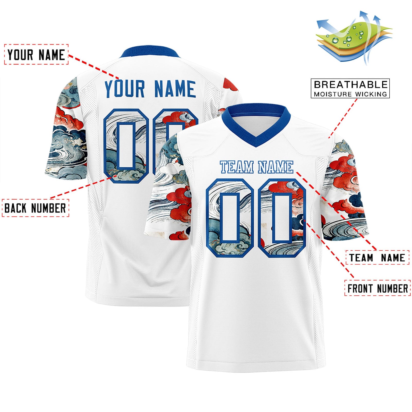Custom White Royal Sleeve Ukiyo-e Auspicious Clouds Graffiti Pattern Football Jersey | For Men,For Women | KXKSHOP