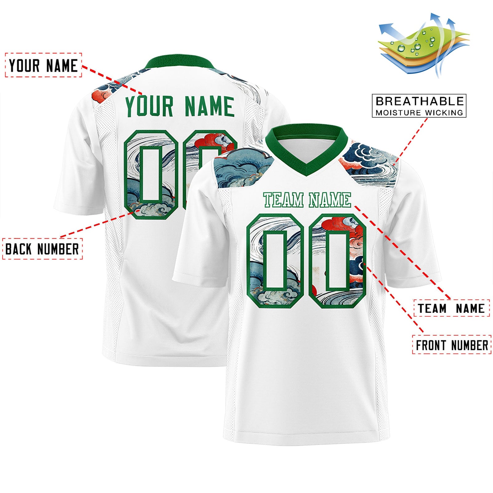 Custom Kelly Green White Ukiyo-e Auspicious Clouds Graffiti Pattern Football Jersey | For Men,For Women | KXKSHOP