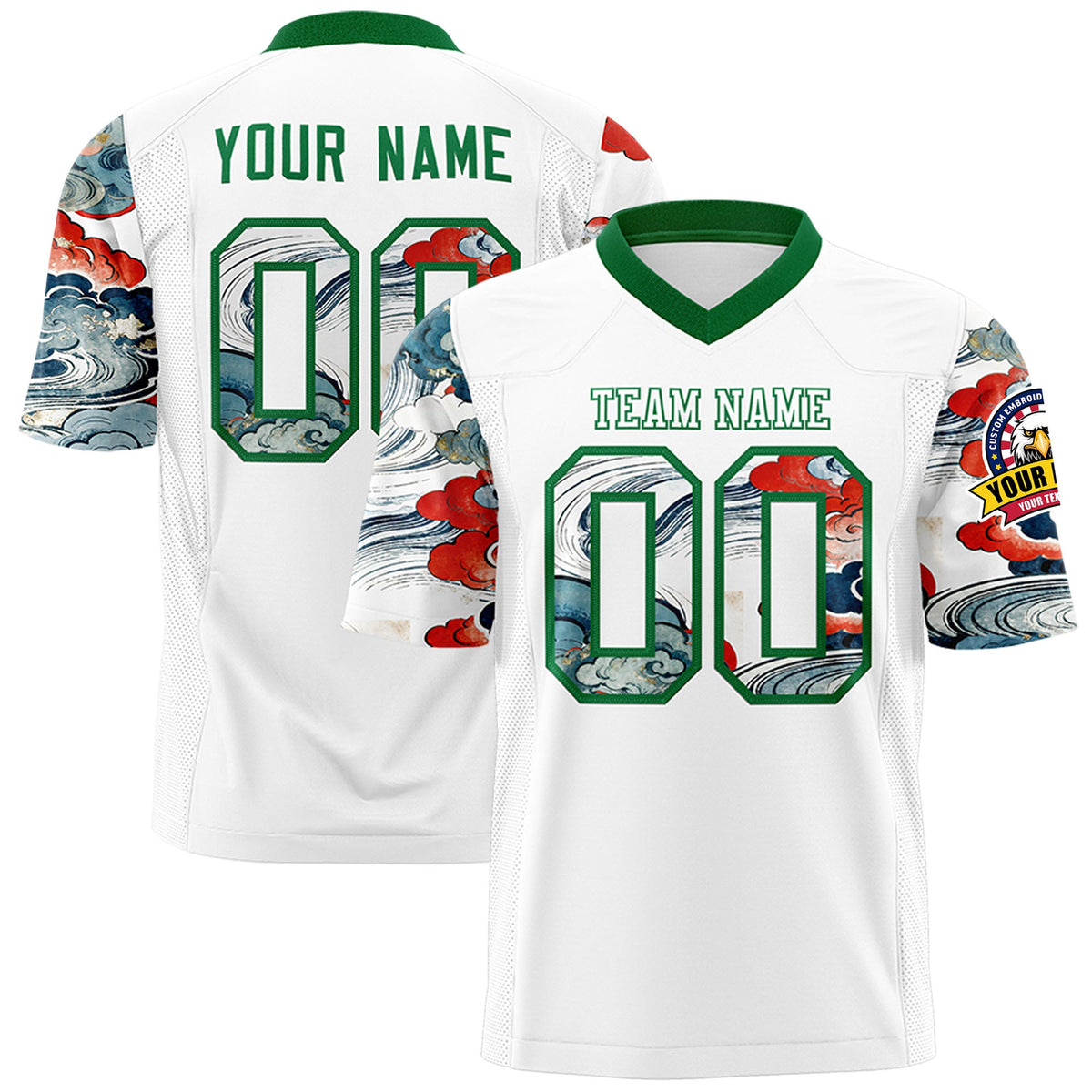 Custom White Kelly Green Sleeve Ukiyo-e Auspicious Clouds Graffiti Pattern Football Jersey | For Men,For Women | KXKSHOP