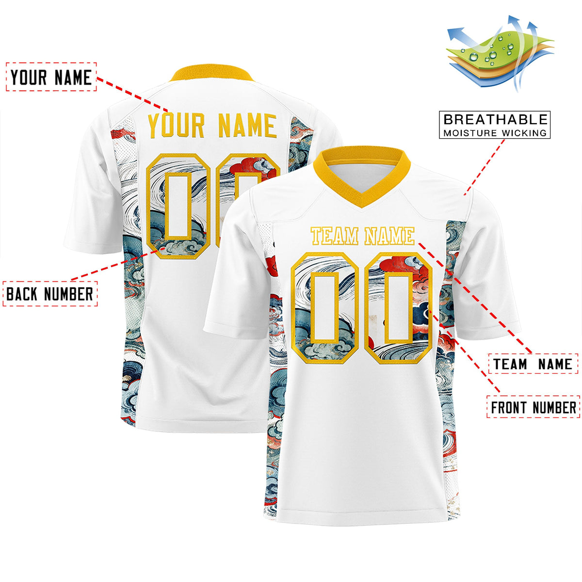 Custom White Yellow Ukiyo-e Auspicious Clouds Graffiti Pattern Football Jersey | For Men,For Women | KXKSHOP
