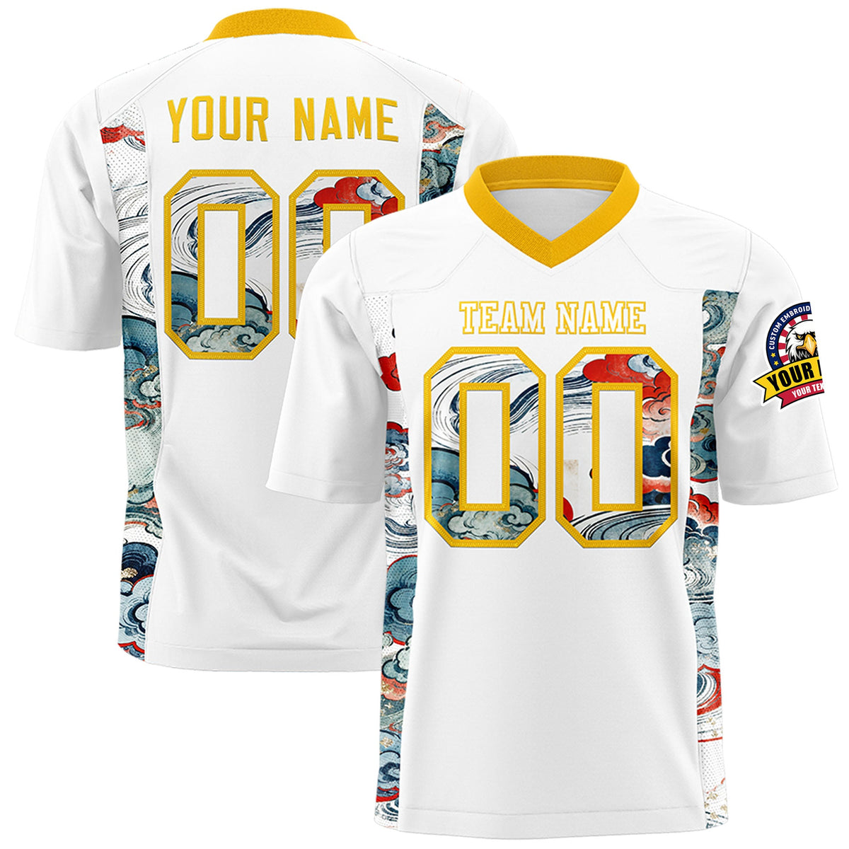 Custom White Yellow Ukiyo-e Auspicious Clouds Graffiti Pattern Football Jersey | For Men,For Women | KXKSHOP