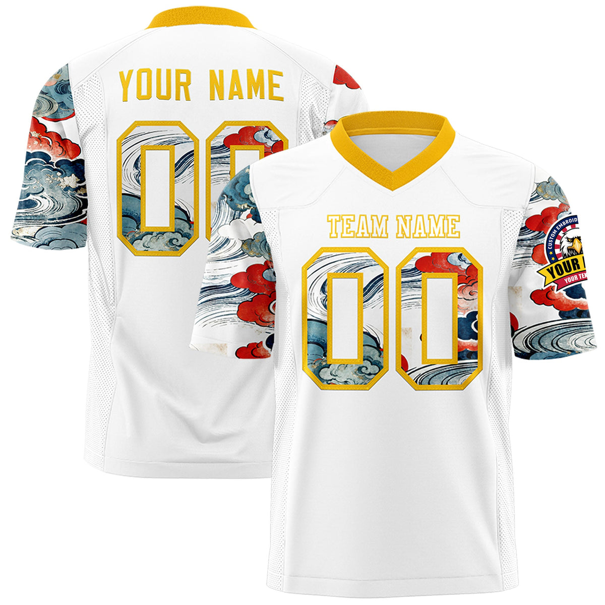 Custom White Yellow Sleeve Ukiyo-e Auspicious Clouds Graffiti Pattern Football Jersey | For Men,For Women | KXKSHOP