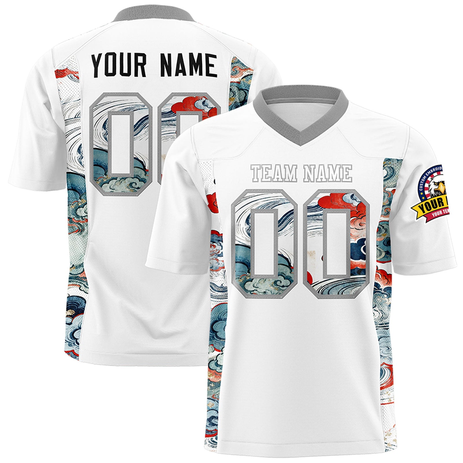 Custom White Gray Ukiyo-e Auspicious Clouds Graffiti Pattern Football Jersey | For Men,For Women | KXKSHOP