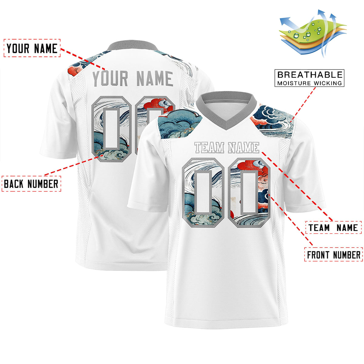 Custom Gray White Ukiyo-e Auspicious Clouds Graffiti Pattern Football Jersey | For Men,For Women | KXKSHOP