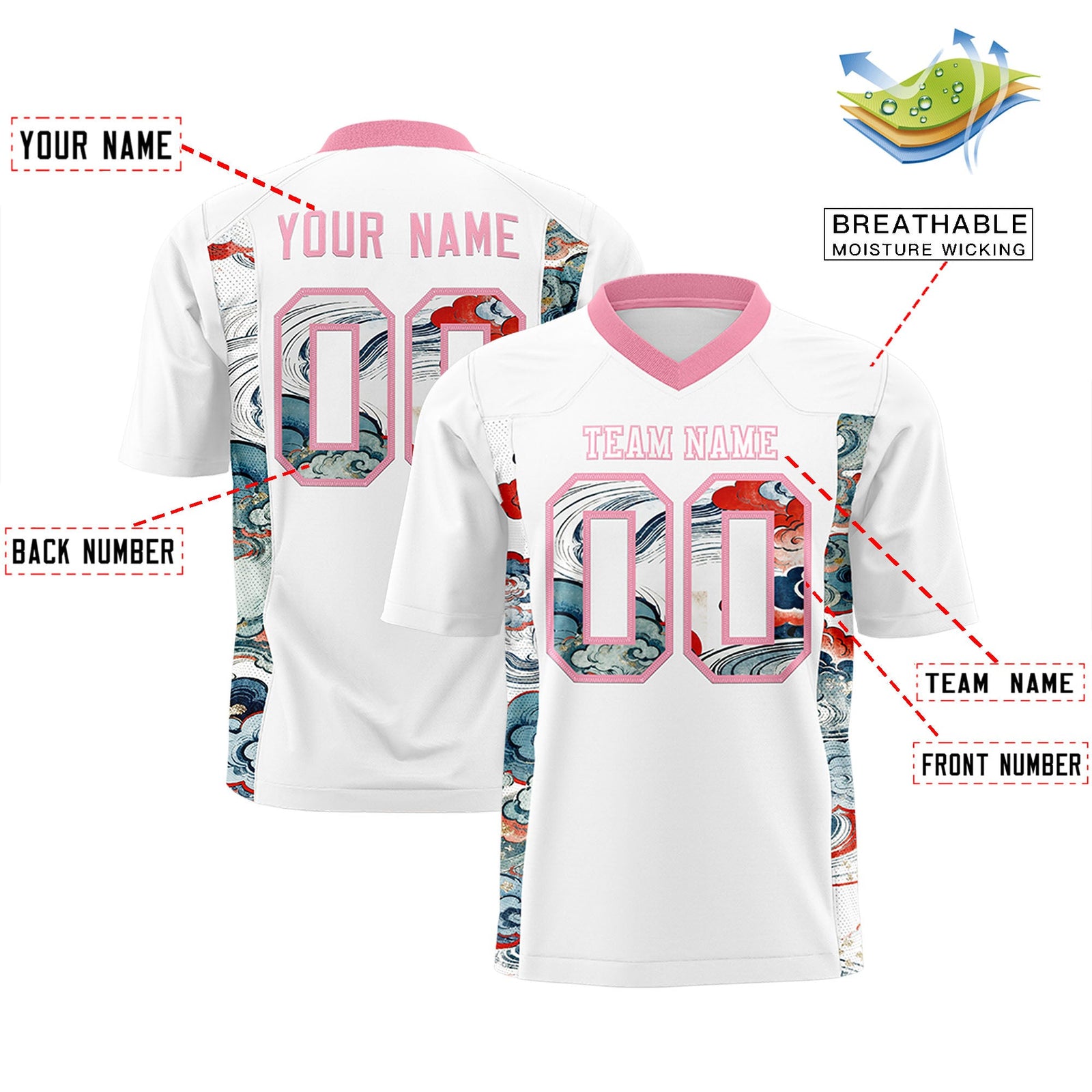 Custom White Light Pink Ukiyo-e Auspicious Clouds Graffiti Pattern Football Jersey | For Men,For Women | KXKSHOP