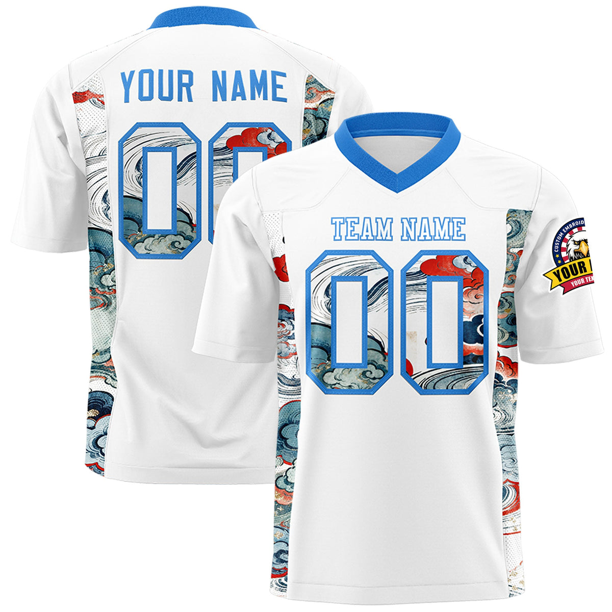 Custom White Light Blue Ukiyo-e Auspicious Clouds Graffiti Pattern Football Jersey | For Men,For Women | KXKSHOP
