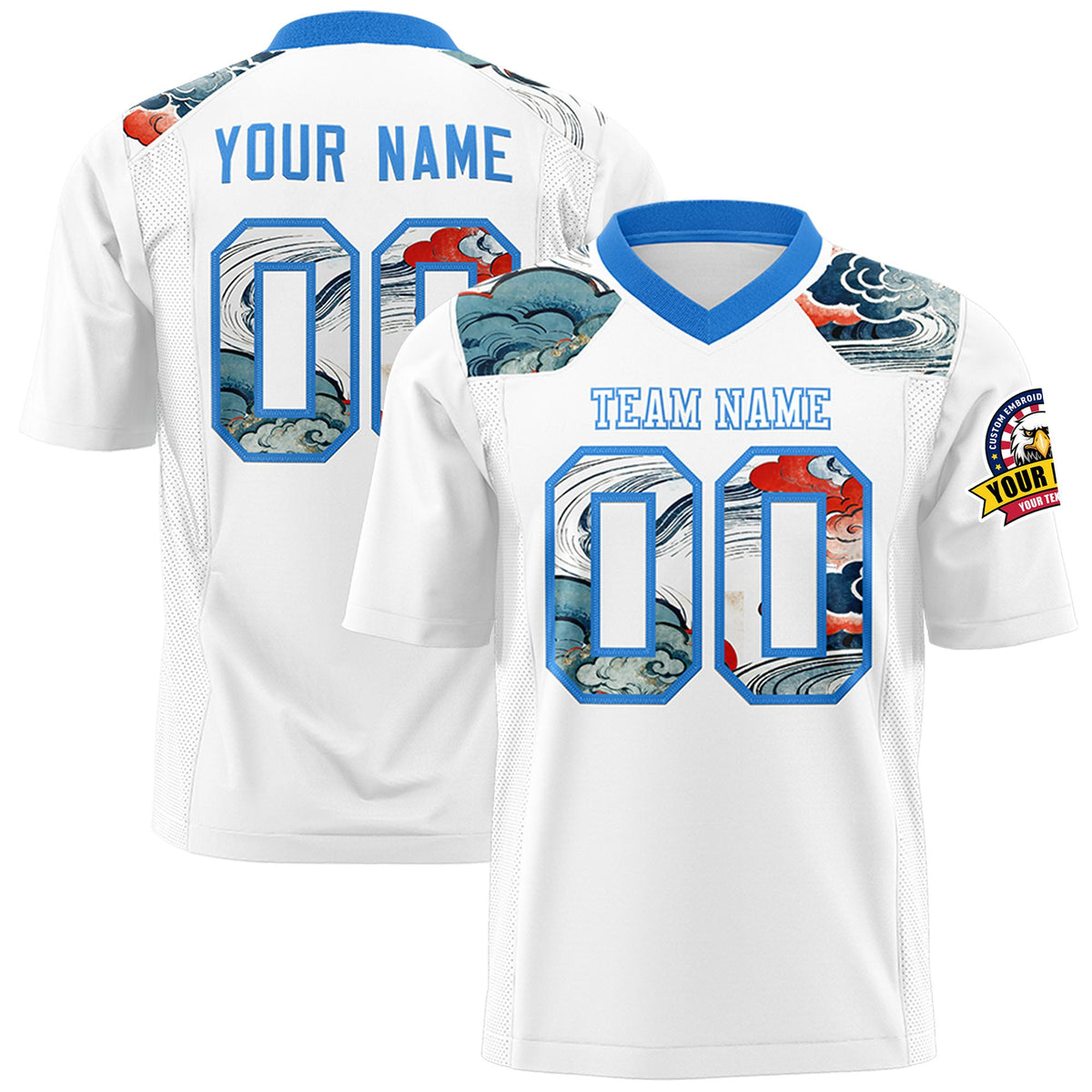 Custom Light Blue White Ukiyo-e Auspicious Clouds Graffiti Pattern Football Jersey | For Men,For Women | KXKSHOP