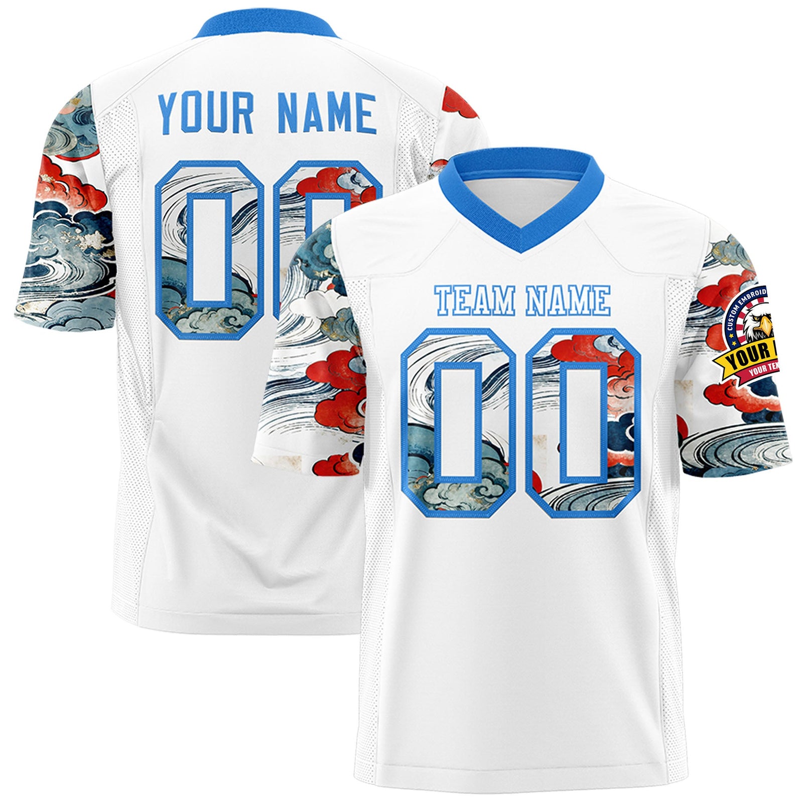 Custom White Light Blue Sleeve Ukiyo-e Auspicious Clouds Graffiti Pattern Football Jersey | For Men,For Women | KXKSHOP