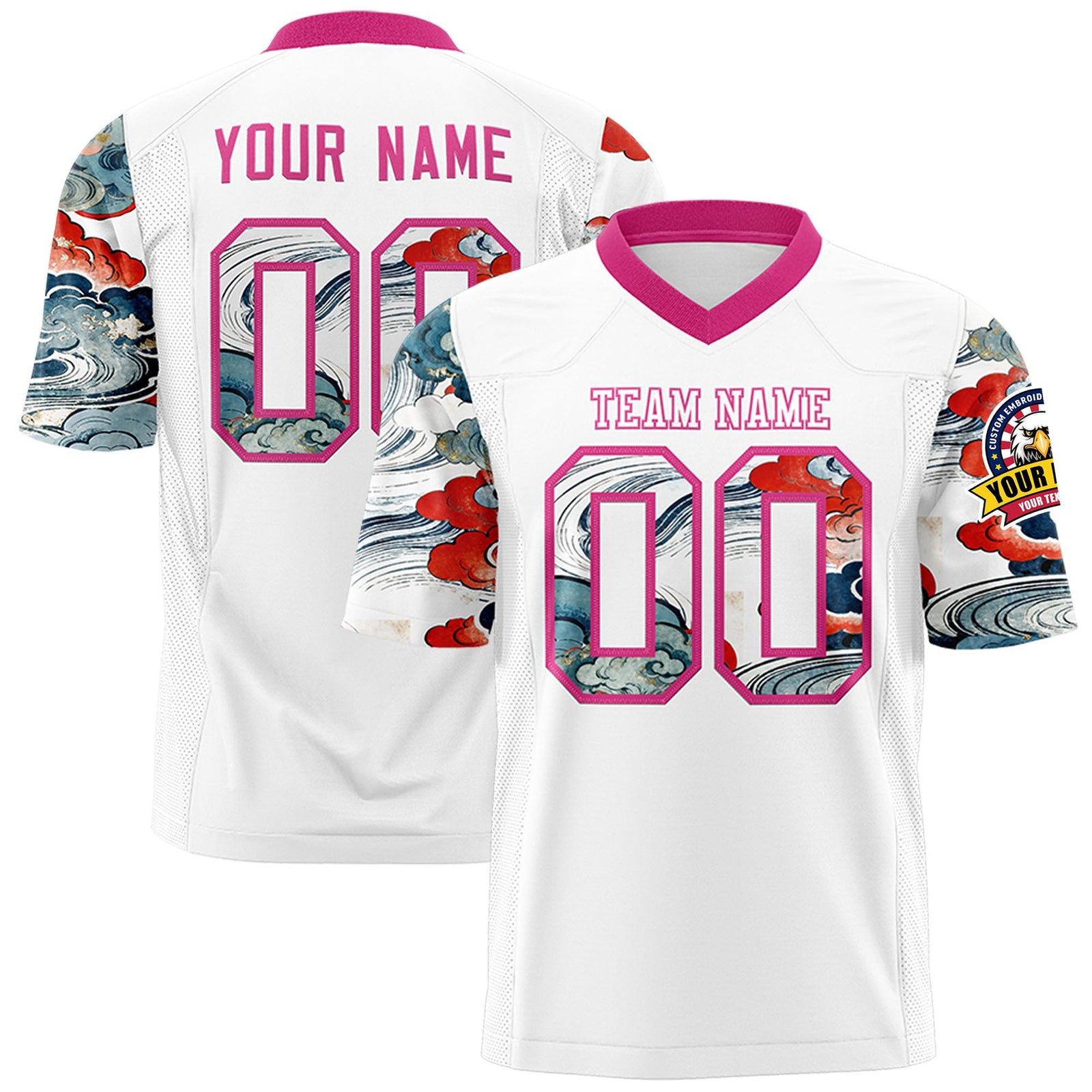 Custom White Rose Red Sleeve Ukiyo-e Auspicious Clouds Graffiti Pattern Football Jersey | For Men,For Women | KXKSHOP