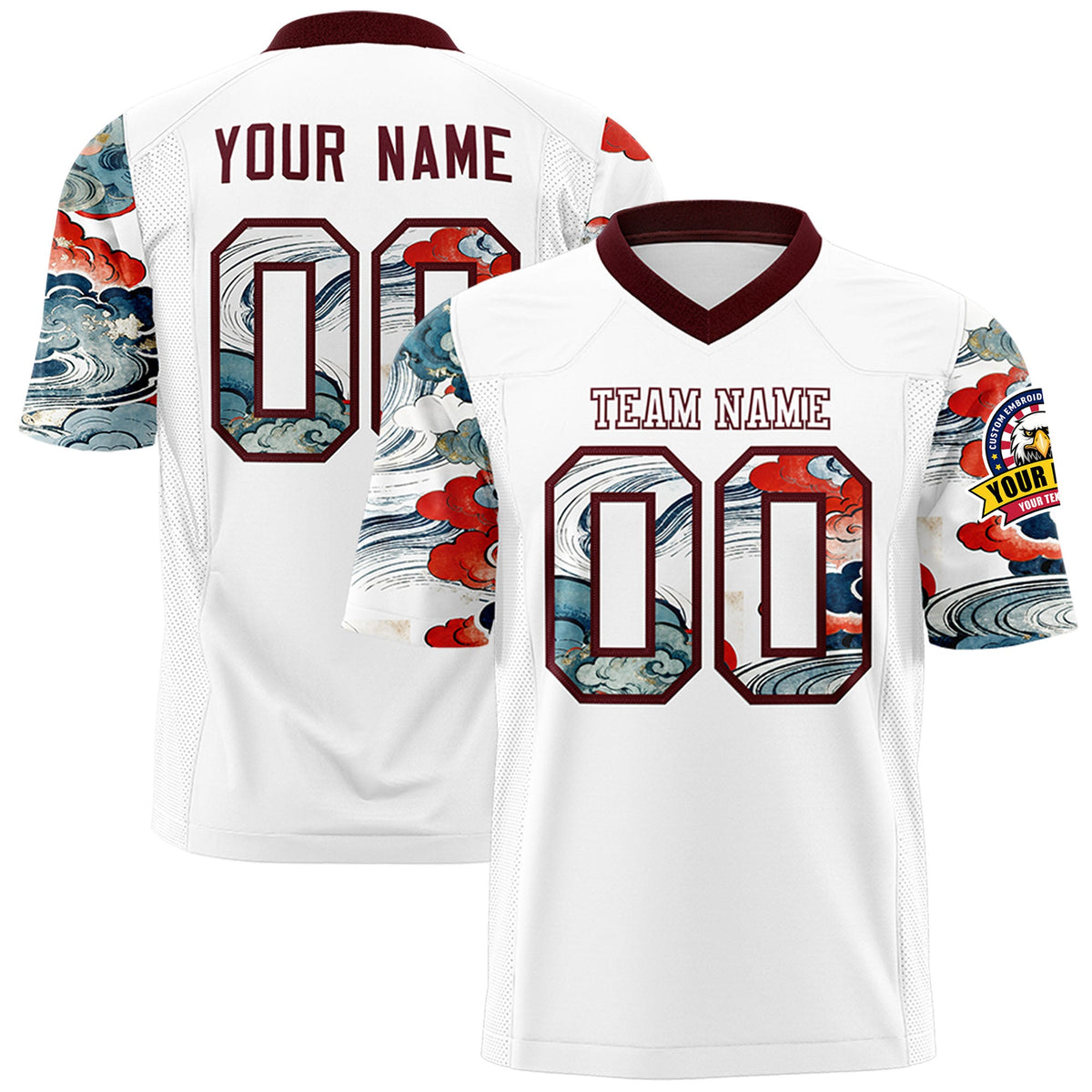 Custom White Burgundy Sleeve Ukiyo-e Auspicious Clouds Graffiti Pattern Football Jersey | For Men,For Women | KXKSHOP