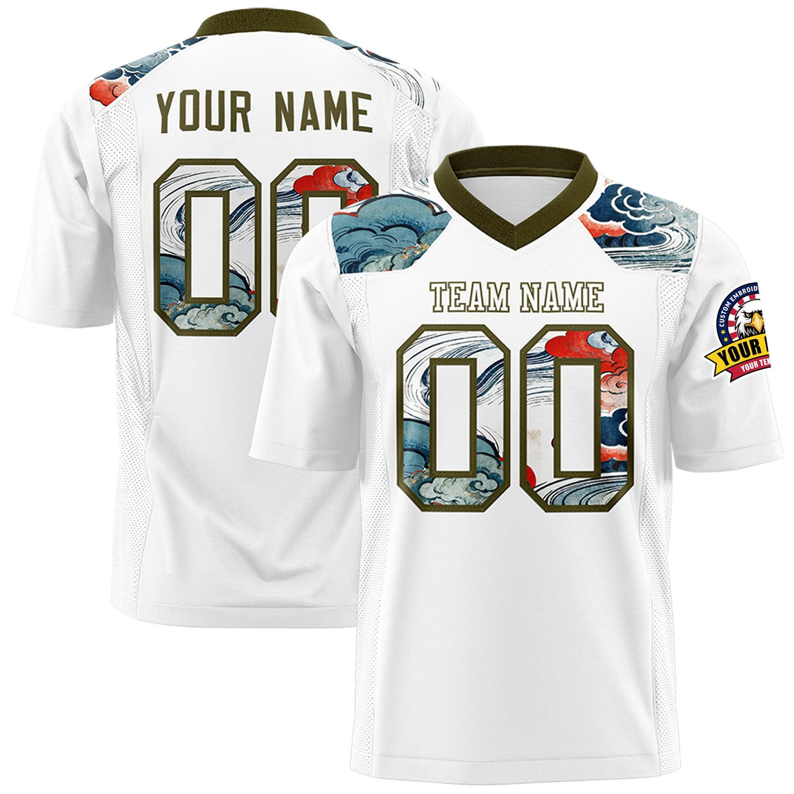 Custom OliveWhite Ukiyo-e Auspicious Clouds Graffiti Pattern Football Jersey | For Men,For Women | KXKSHOP