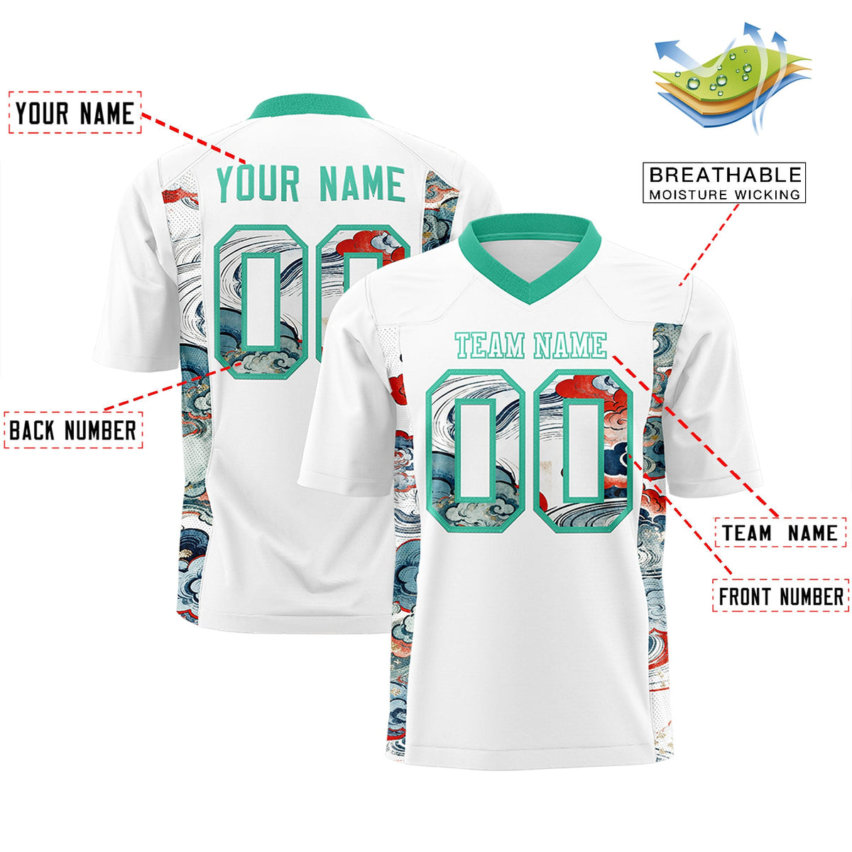 Custom White Bright Green Ukiyo-e Auspicious Clouds Graffiti Pattern Football Jersey | For Men,For Women | KXKSHOP