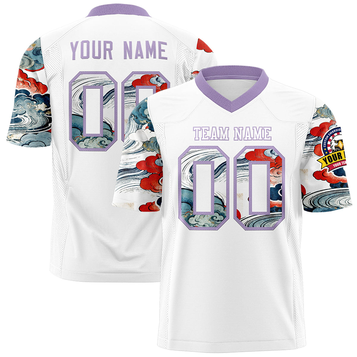 Custom White Light Purple Sleeve Ukiyo-e Auspicious Clouds Graffiti Pattern Football Jersey | For Men,For Women | KXKSHOP
