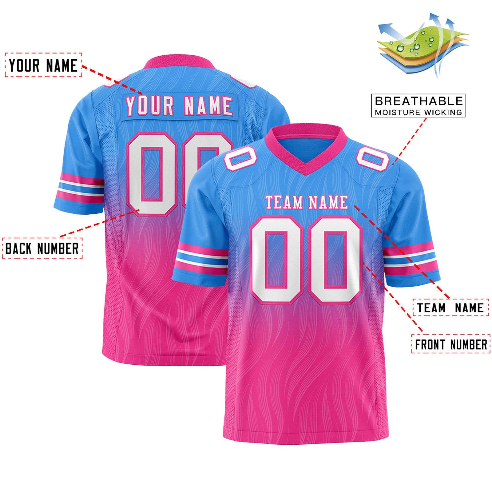 Custom Powder Blue and Pink Customize Flag Football Jersey-7v7 Football Uniforms | KXKSHOP