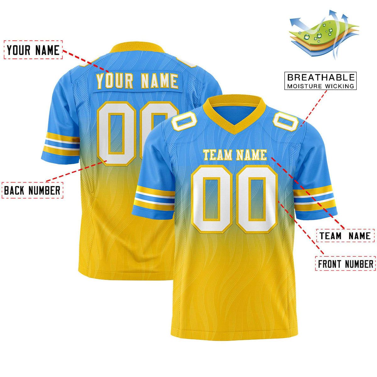 Custom Powder Blue and Gold Customize Flag Football Jersey-7v7 Football Uniforms | KXKSHOP