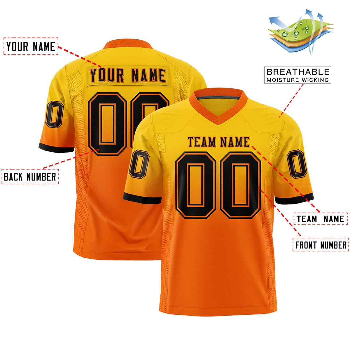 Custom Gold Orange Gradient Fashion Personalized Authentic Football Jersey