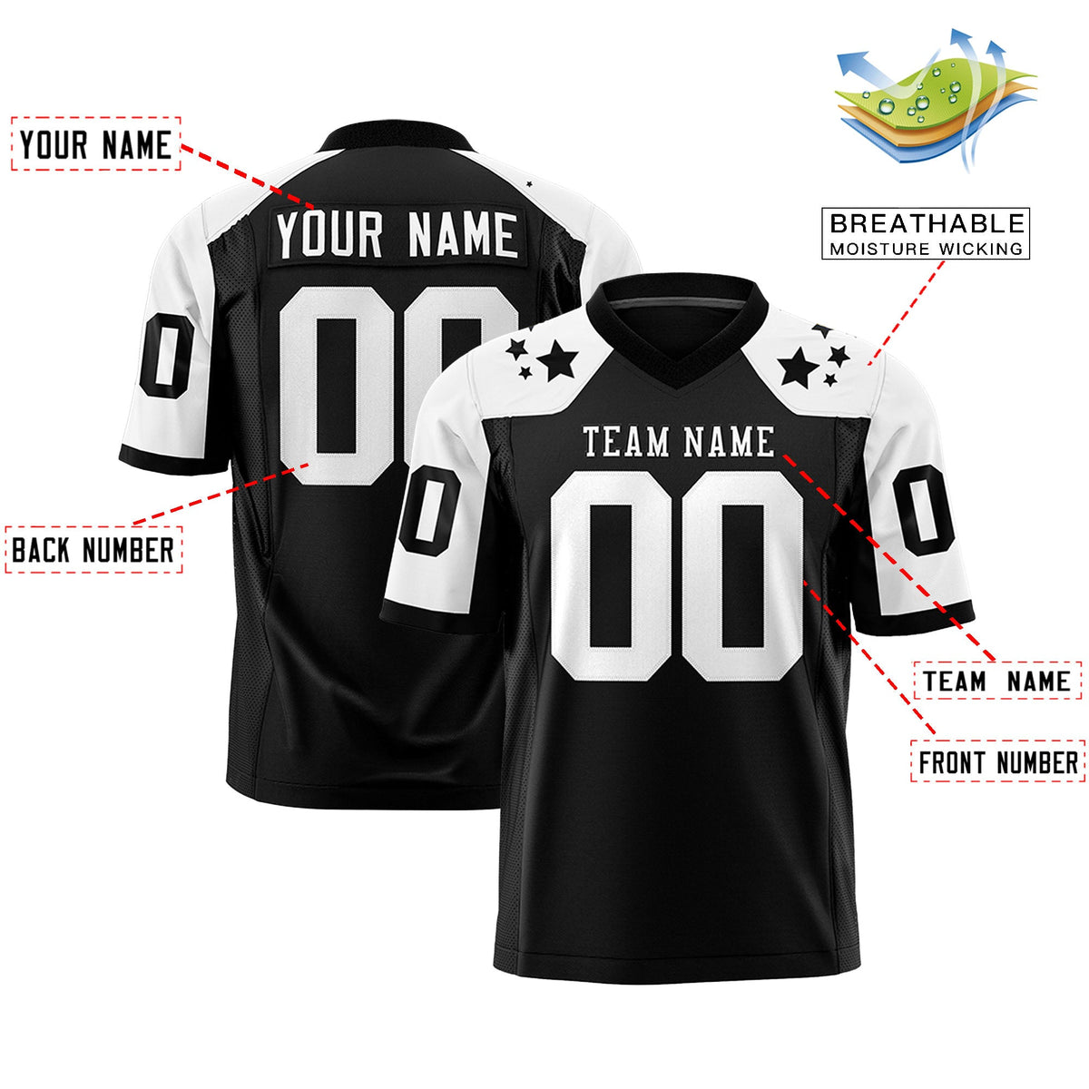 Custom Black White Personalized Shoulder Star Pattern Flag Football Jersey