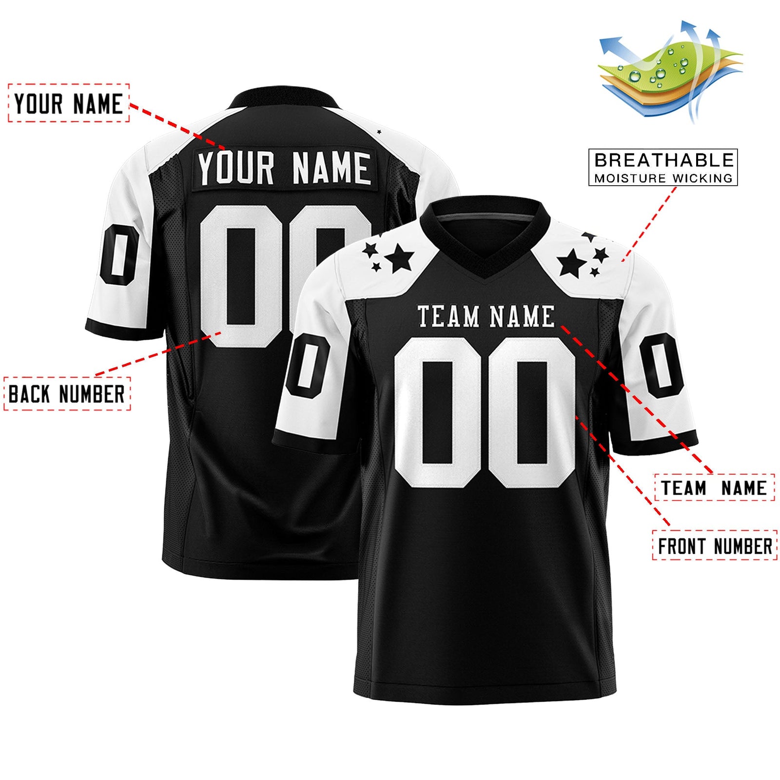 Custom Black White Personalized Shoulder Star Pattern Authentic Flag Football Jersey
