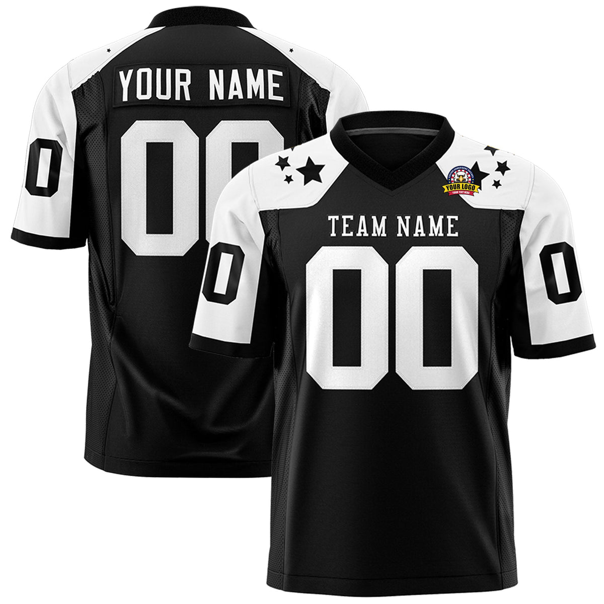 Custom Black White Personalized Shoulder Star Pattern Authentic Flag Football Jersey