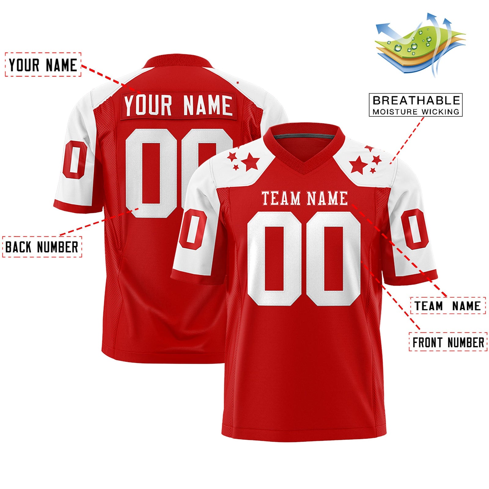 Custom Red White Personalized Shoulder Star Pattern Authentic Flag Football Jersey