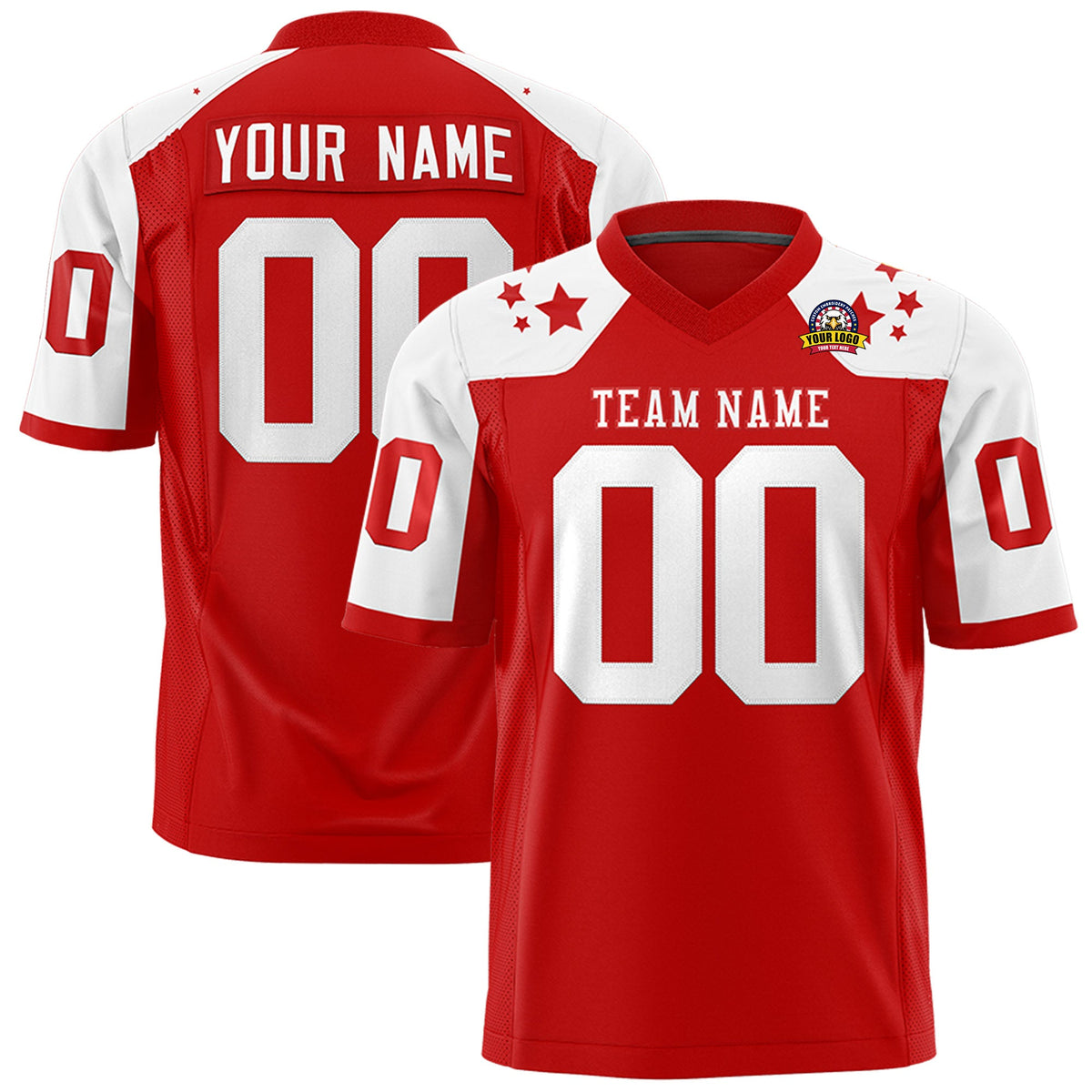 Custom Red White Personalized Shoulder Star Pattern Authentic Flag Football Jersey