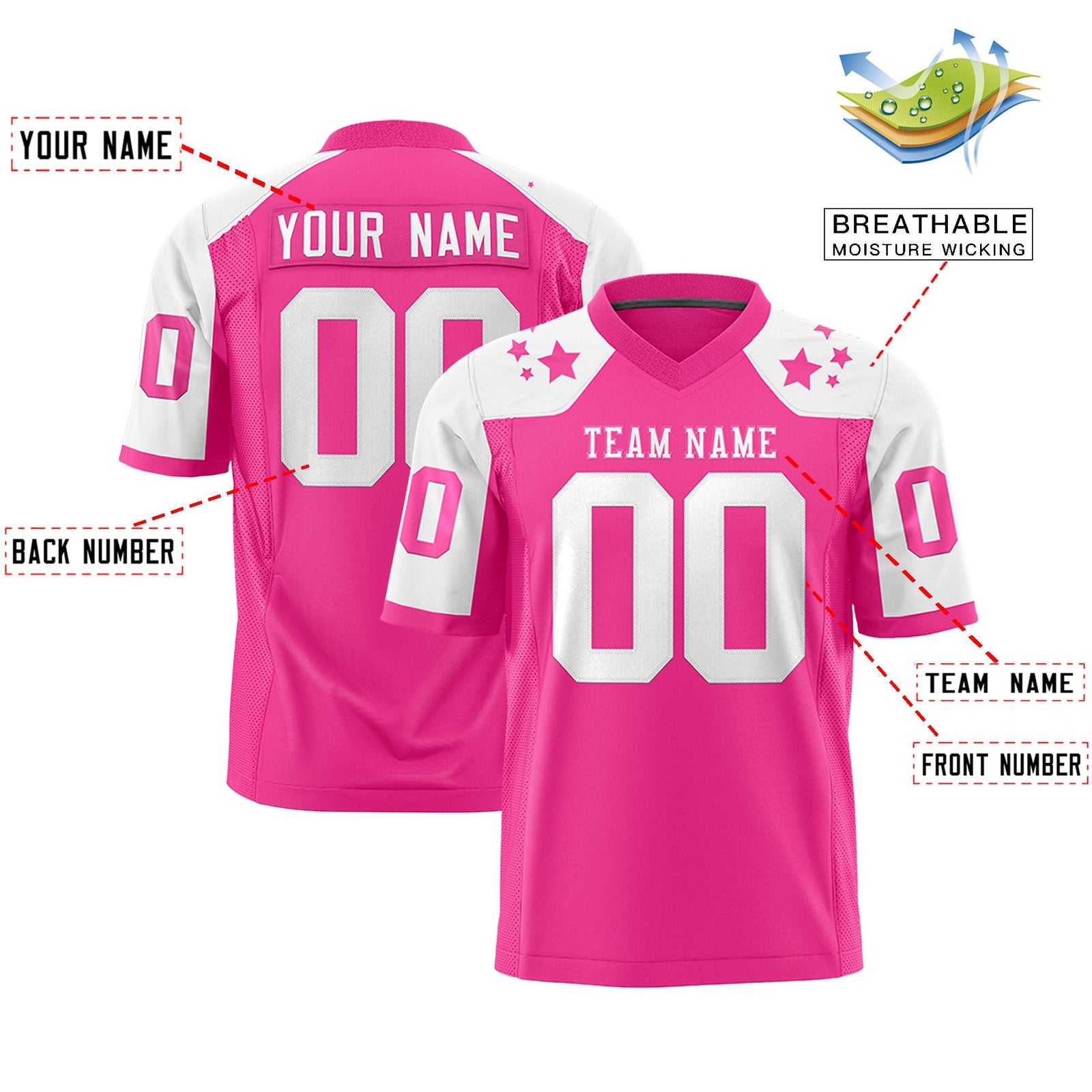Custom Pink White Personalized Shoulder Star Pattern Authentic Flag Football Jersey