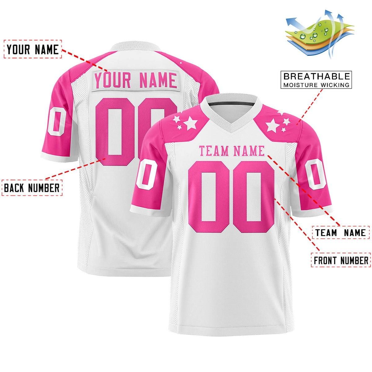 Custom White Pink Personalized Shoulder Star Pattern Flag Football Jersey