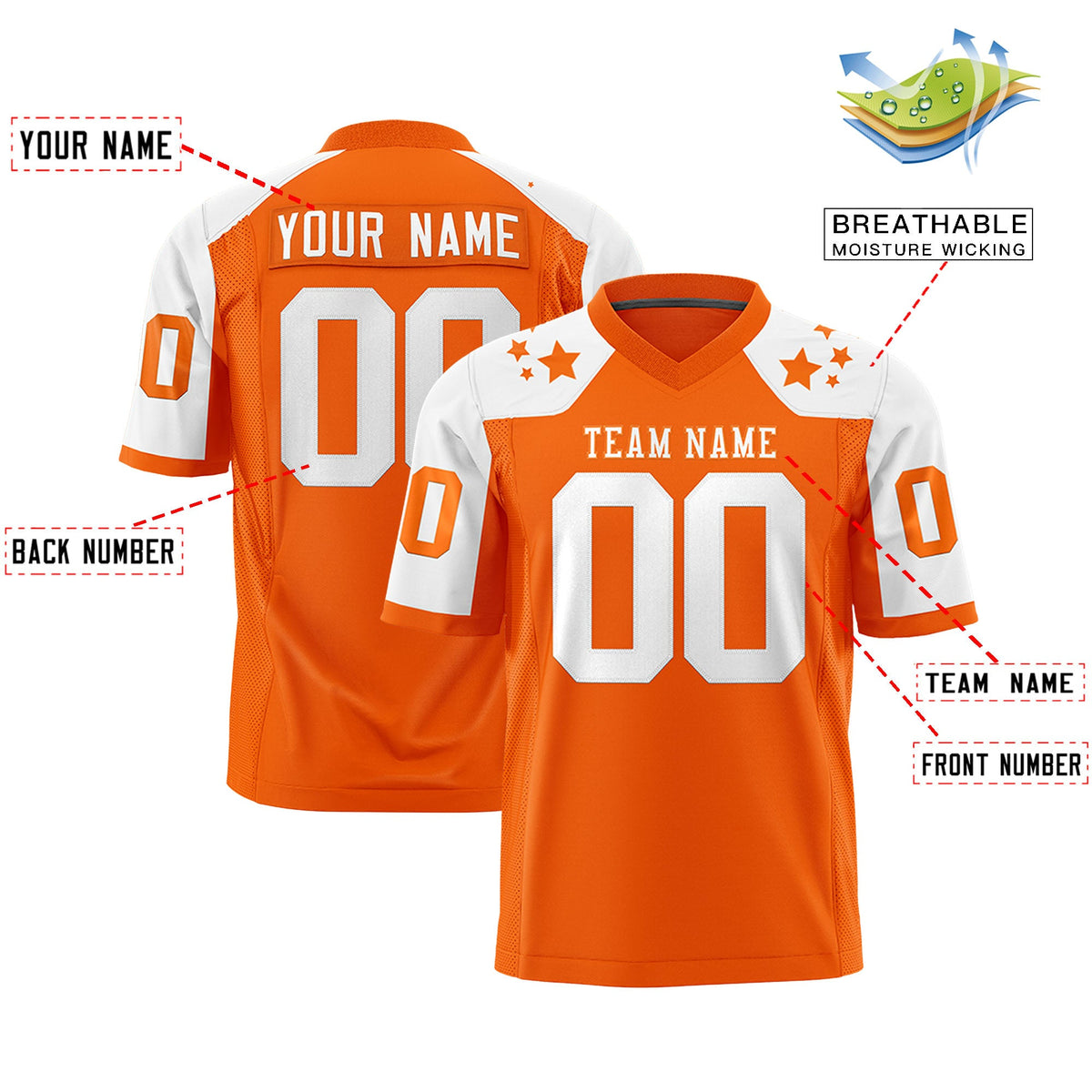 Custom Orange White Personalized Shoulder Star Pattern Flag Football Jersey