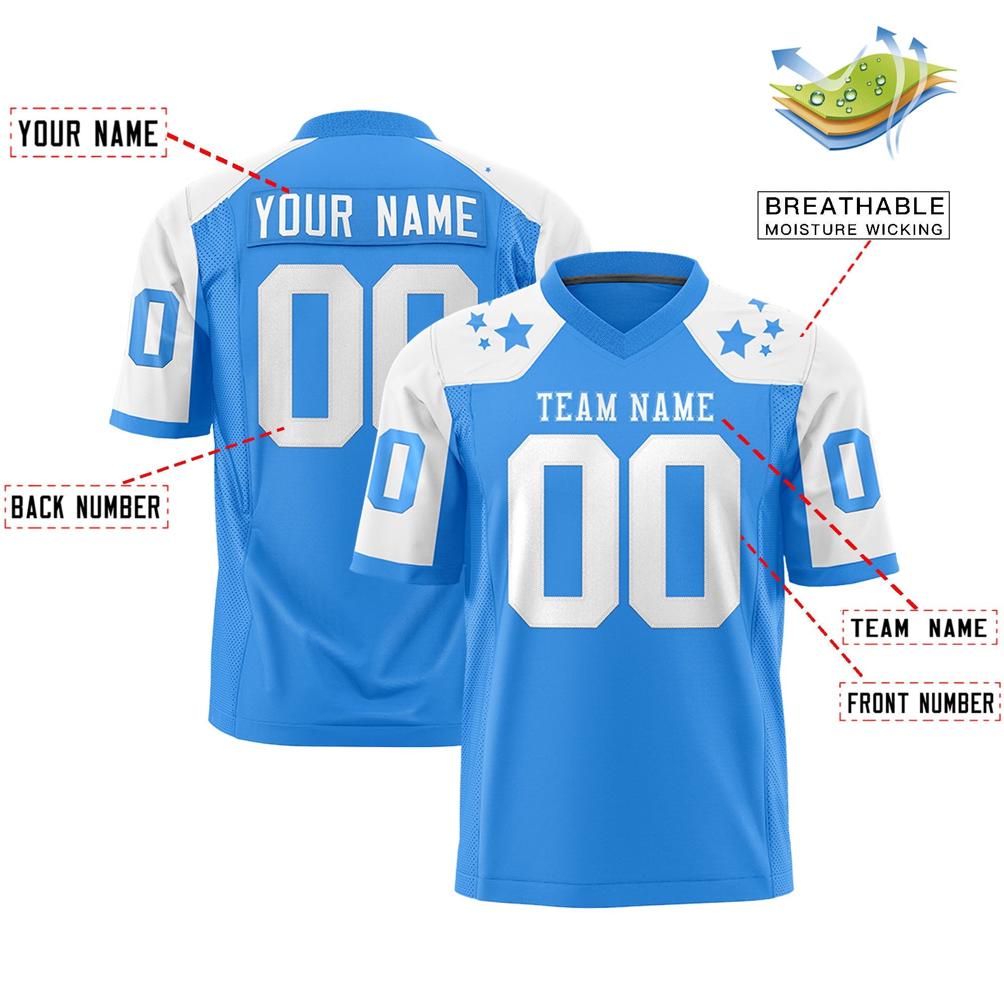 Custom Powder Blue White Personalized Shoulder Star Pattern Authentic Flag Football Jersey