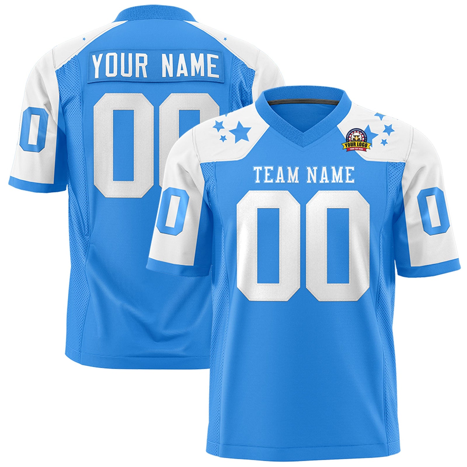 Custom Powder Blue White Personalized Shoulder Star Pattern Authentic Flag Football Jersey