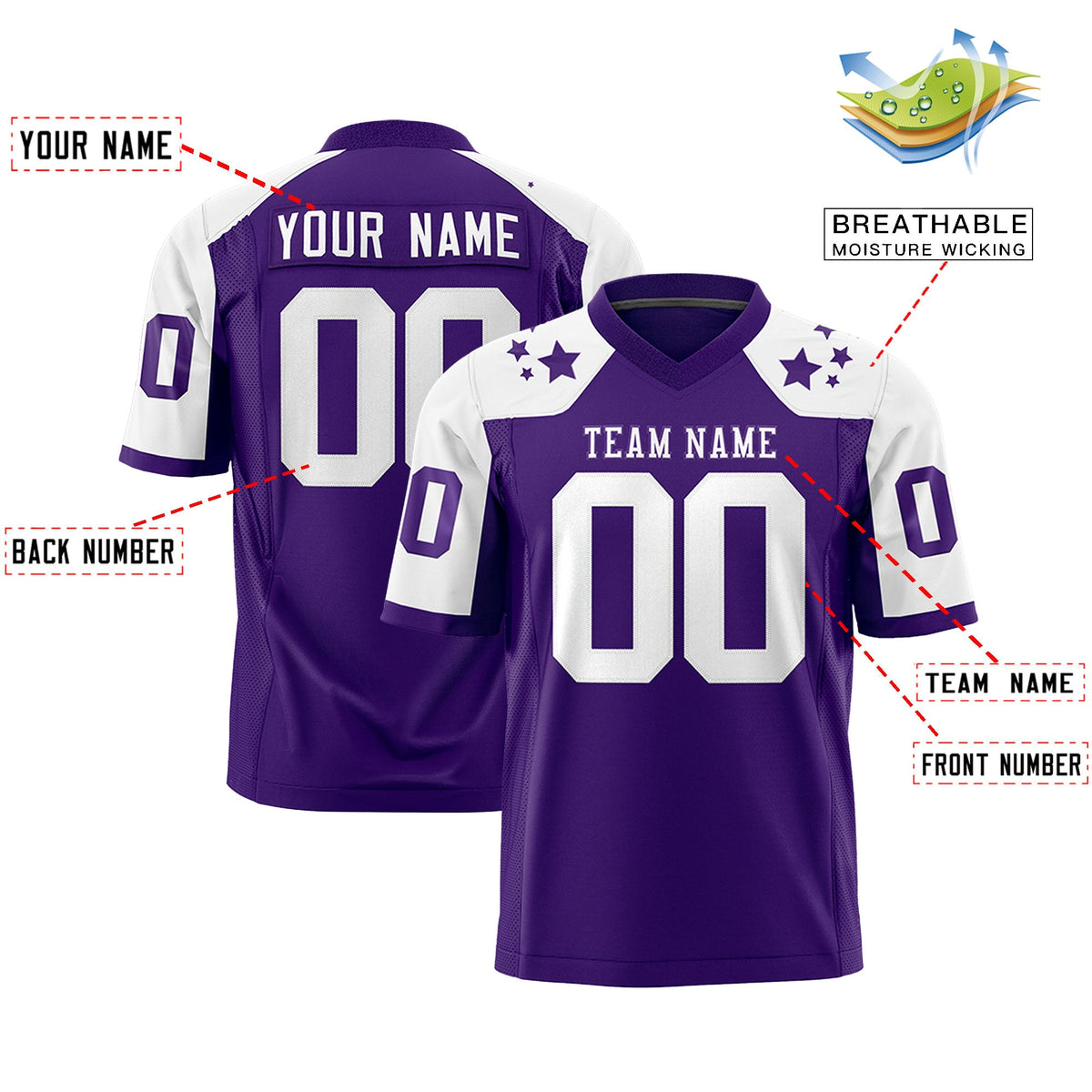 Custom Purple White Personalized Shoulder Star Pattern Flag Football Jersey