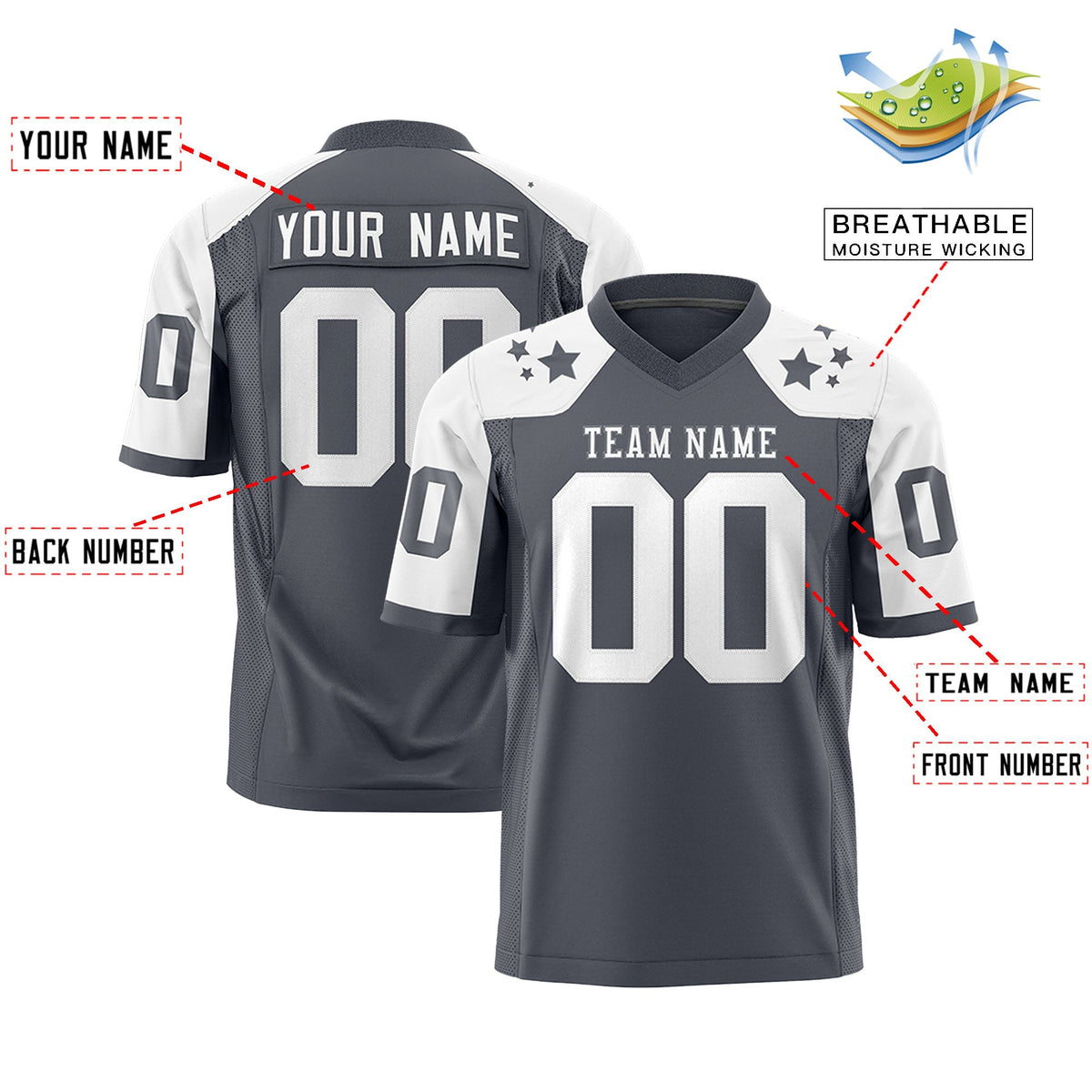 Custom Dark Gray White Personalized Shoulder Star Pattern Flag Football Jersey