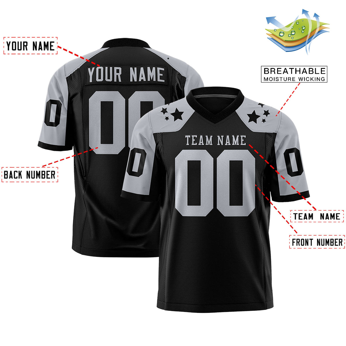 Custom Black Gray Personalized Shoulder Star Pattern Flag Football Jersey