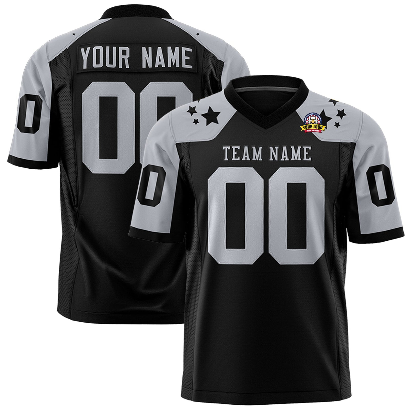 Custom Black Gray Personalized Shoulder Star Pattern Authentic Flag Football Jersey