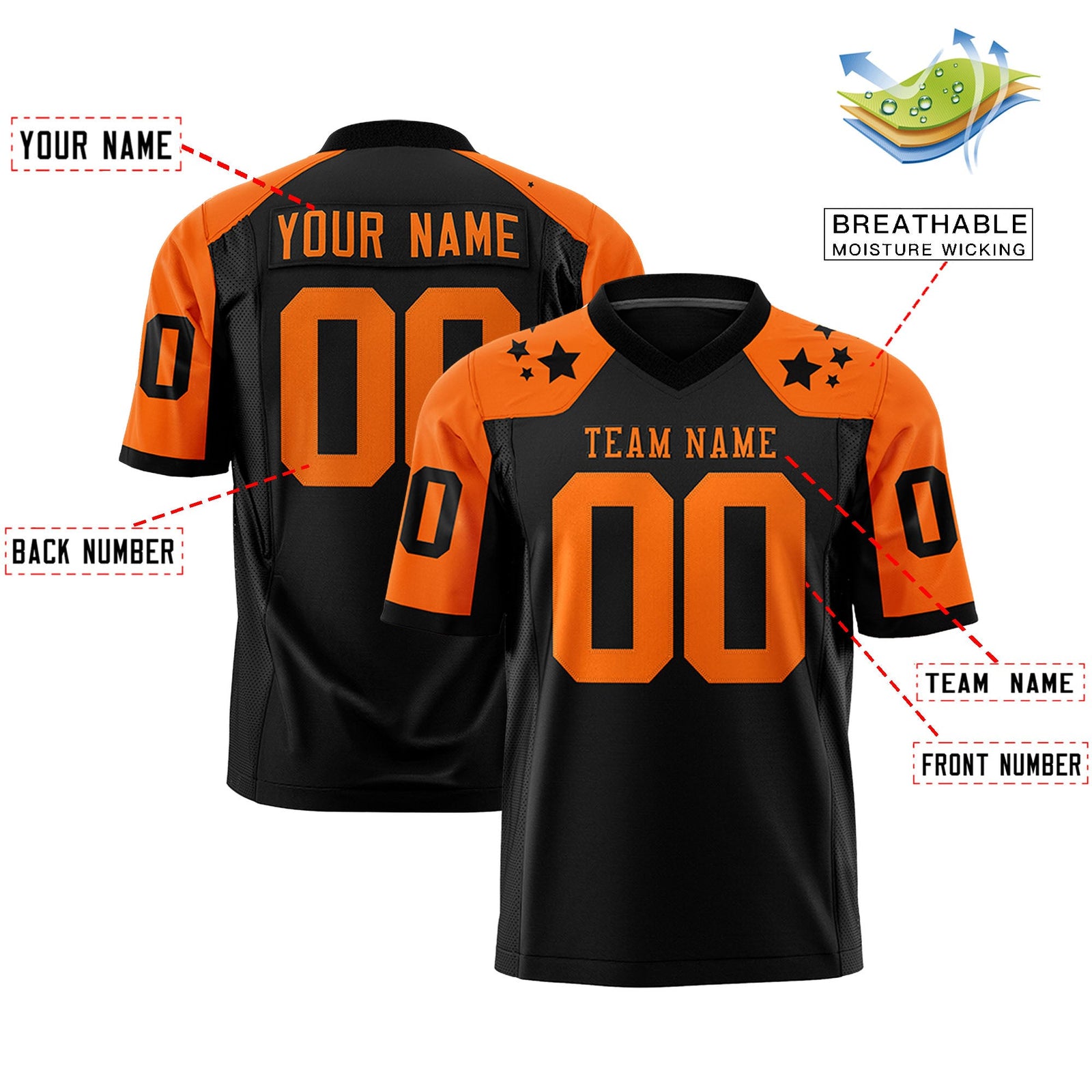 Custom Black Orange Personalized Shoulder Star Pattern Authentic Flag Football Jersey