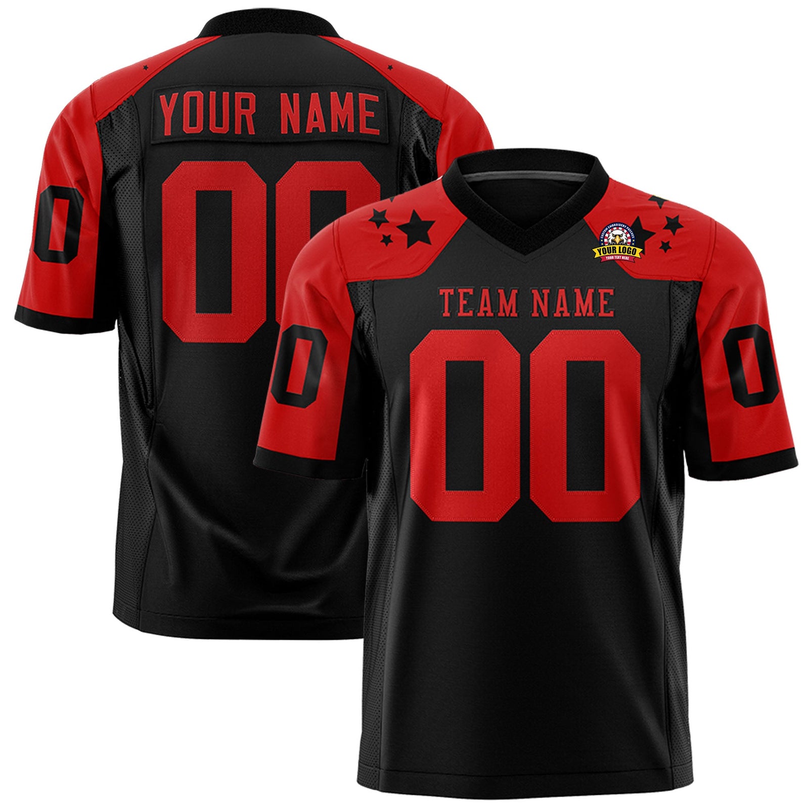 Custom Black Red Personalized Shoulder Star Pattern Authentic Flag Football Jersey