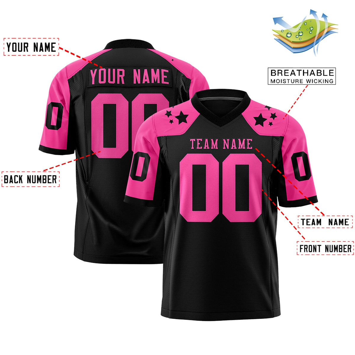 Custom Black Pink Personalized Shoulder Star Pattern Flag Football Jersey