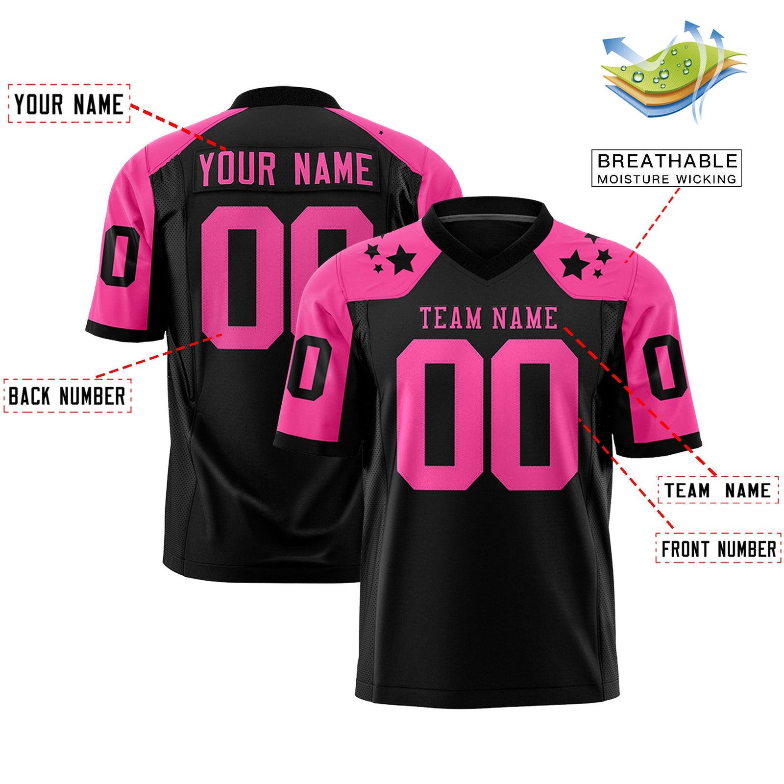 Custom Black Pink Personalized Shoulder Star Pattern Authentic Flag Football Jersey