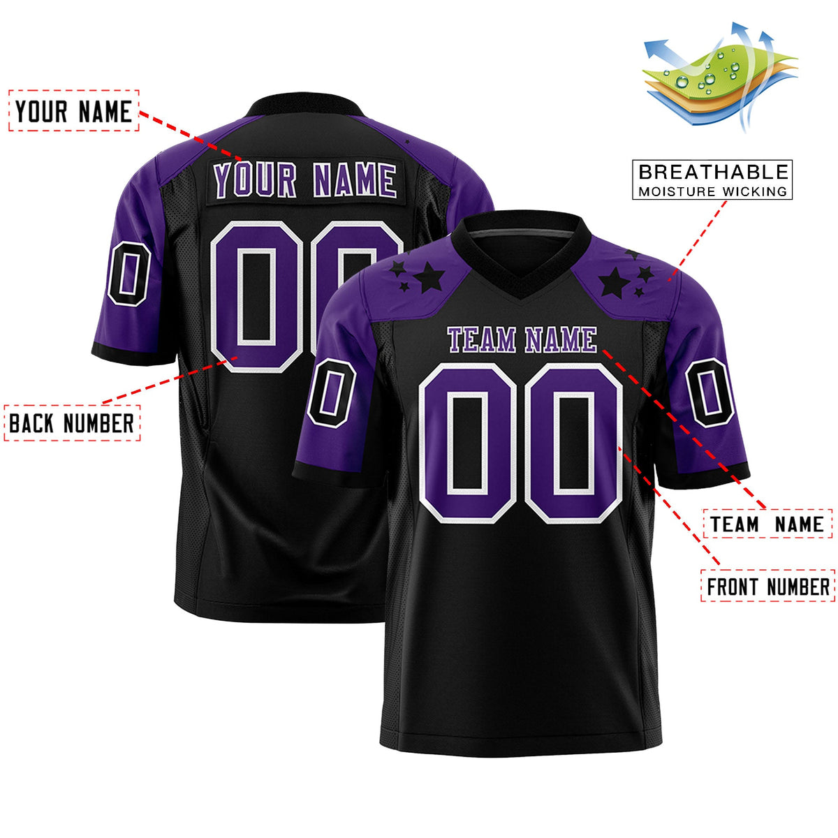Custom Black White Personalized Shoulder Star Pattern Flag Football Jersey