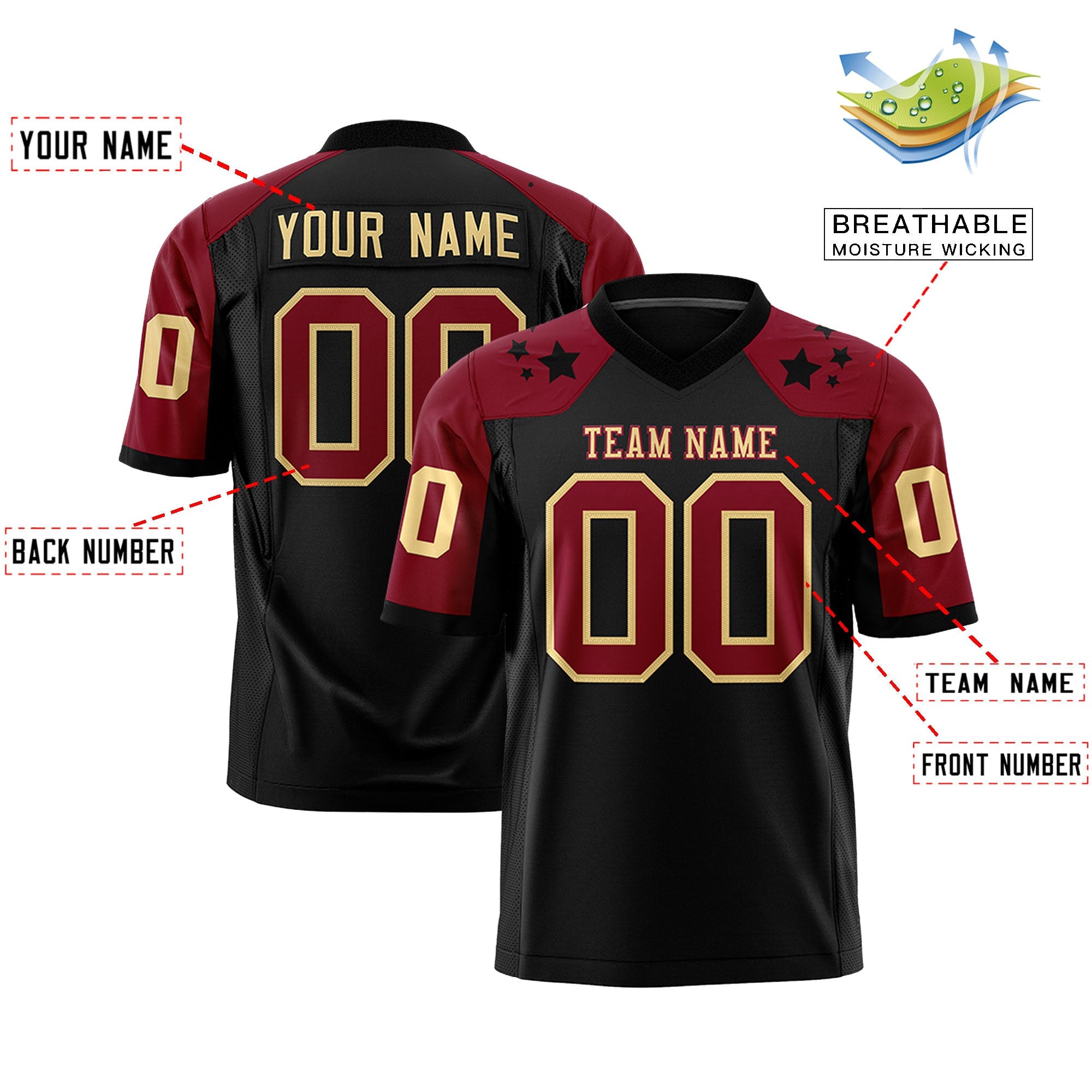 Custom Black Khaki Personalized Shoulder Star Pattern Authentic Flag Football Jersey