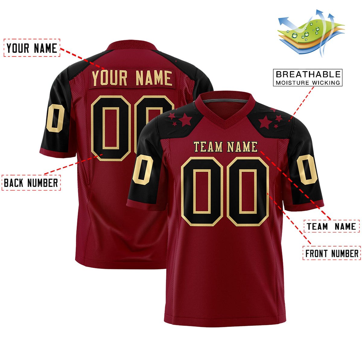 Custom Crimson Khaki Personalized Shoulder Star Pattern Flag Football Jersey